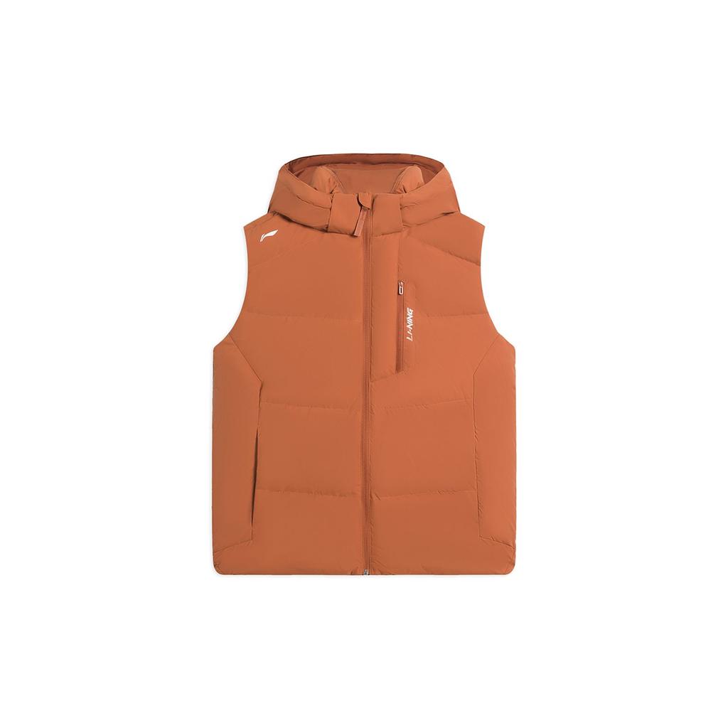 Li Ning Training Series Logo Print Pattern Zipper Hooded Sleeveless Down Vest Men Vests Ochre-Brown AMRS081-5