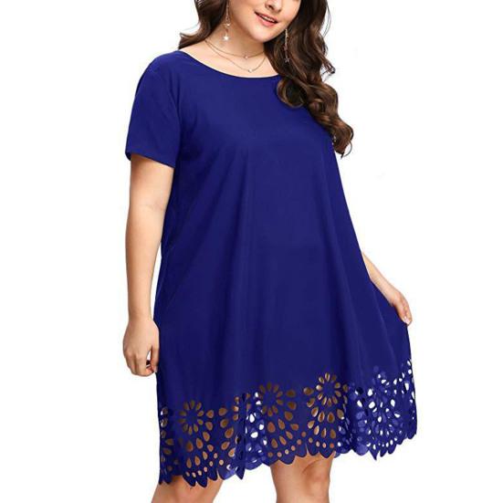 Женское летнее платье миди с вырезом по краю, большие размеры, с короткими рукавами и круглым вырезом, свободный подол, однотонное женское повседневное платье