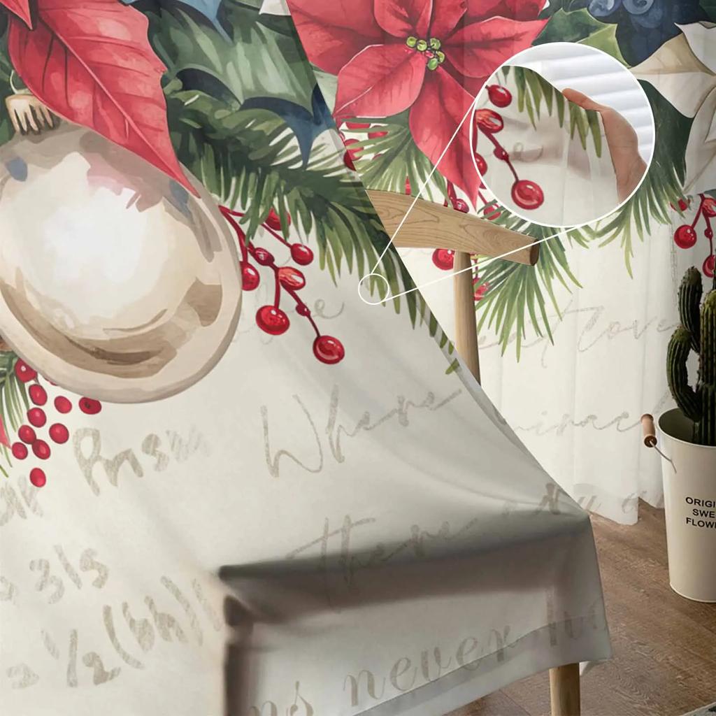 Christmas Watercolor Poinsettia Sheer Curtains for Living Room Decoration Window Curtains Kitchen Tulle Voile Curtains