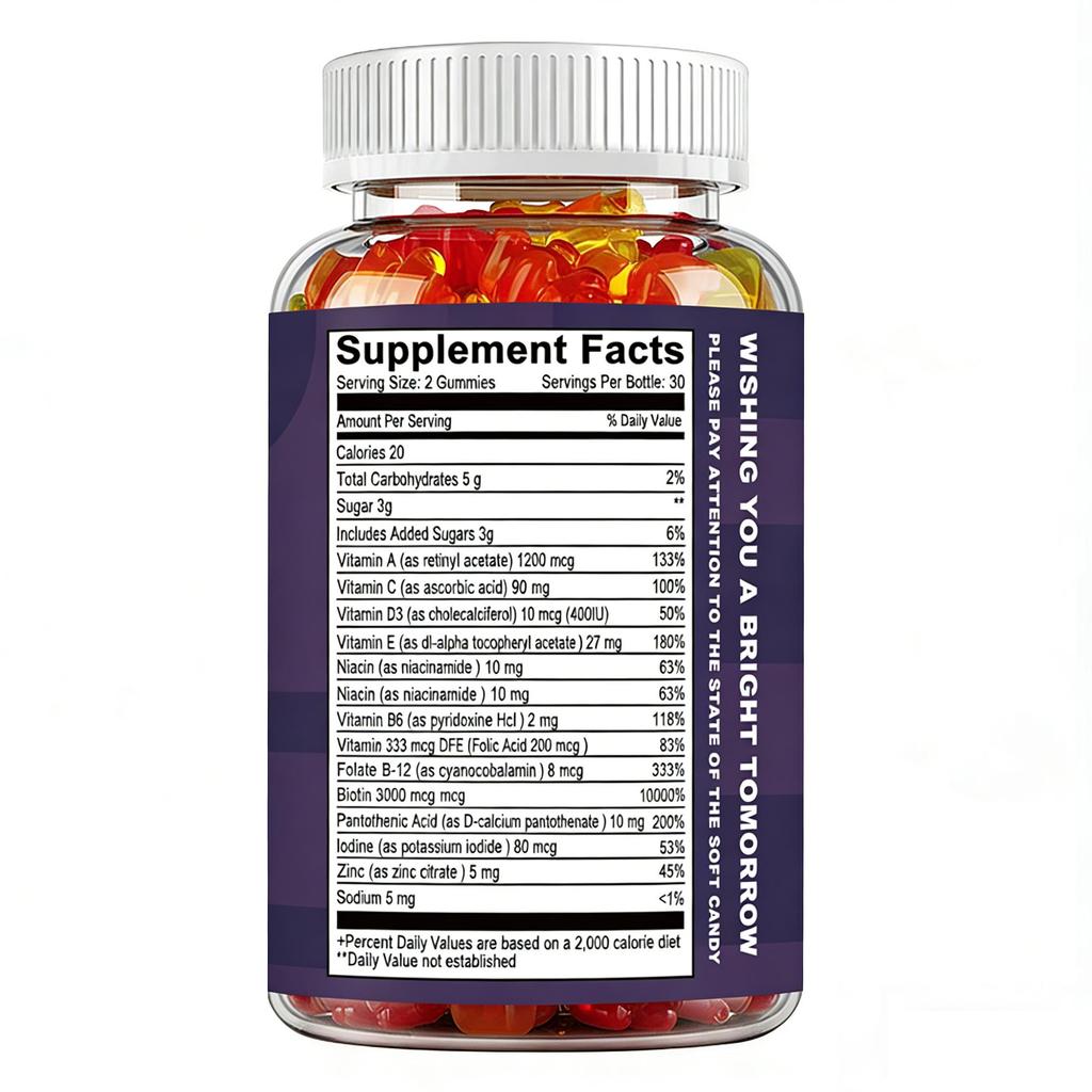 Biotin gummies, containing a mixture of vitamin B6, zinc, and iodine, 100 gummies, suitable for adults.