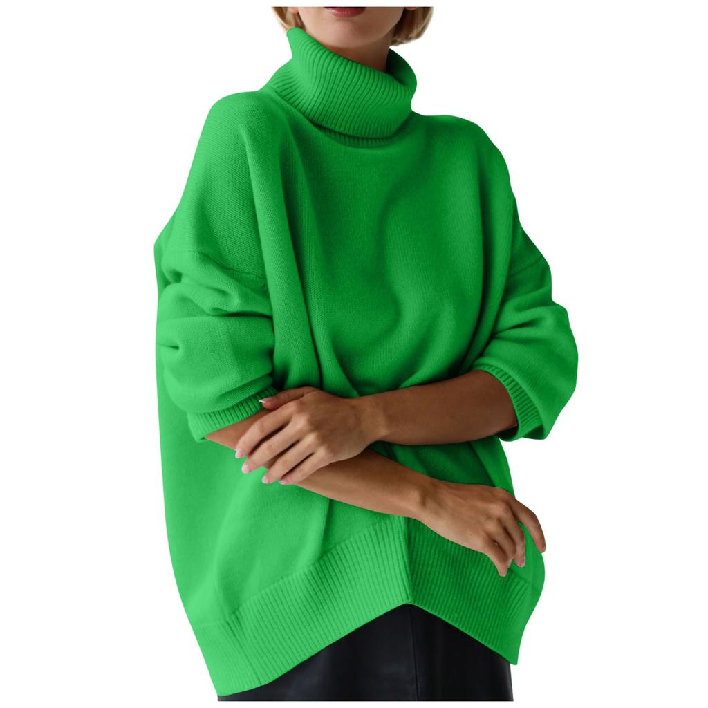 Women's Turtleneck Sweater Solid Color Loose Long Sleeved Jumper Knitted Sweater Soft Pullover