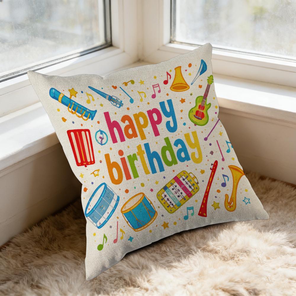 Музыкальная Подушка-Плед на День Рождения Белая С Надписью Happy Birthday С Принтом Инструментов и Нотами Для Детской Комнаты Декор Подарок в Спальню