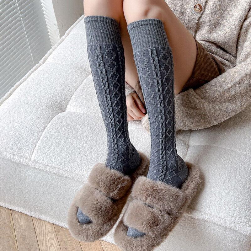 Women Girls Knee High Long Socks Thick Winter Warm Cotton Cable Knit Stockings