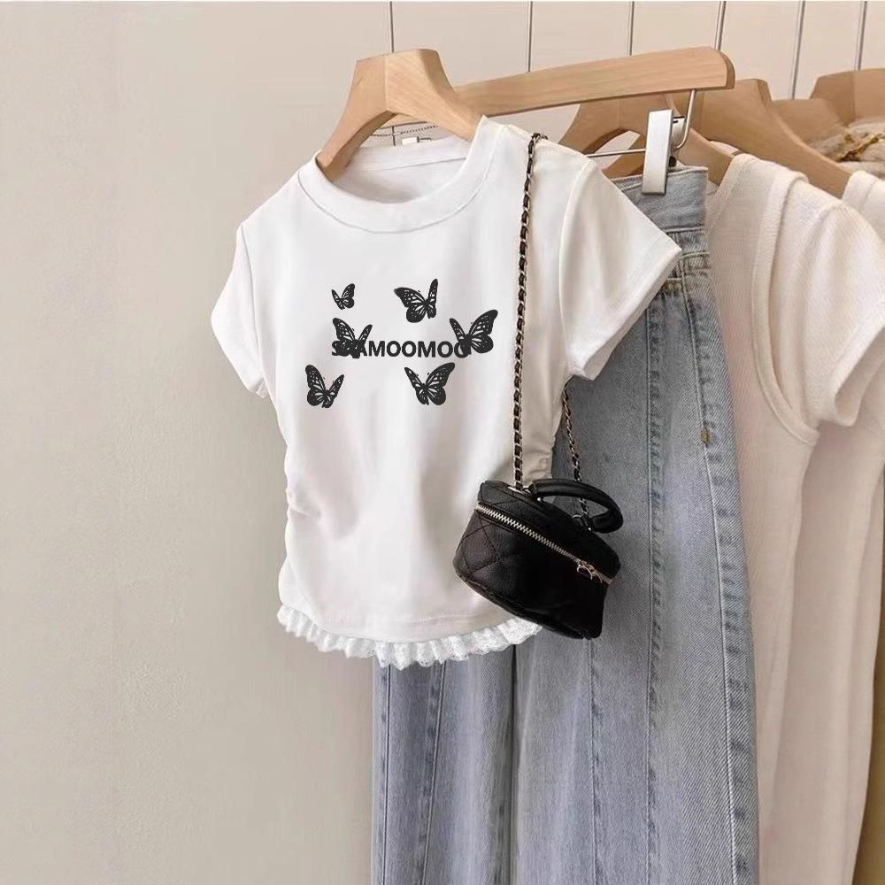 Summer American retro butterfly print design high-end short-sleeved T-shirt women's waist pleated lace top