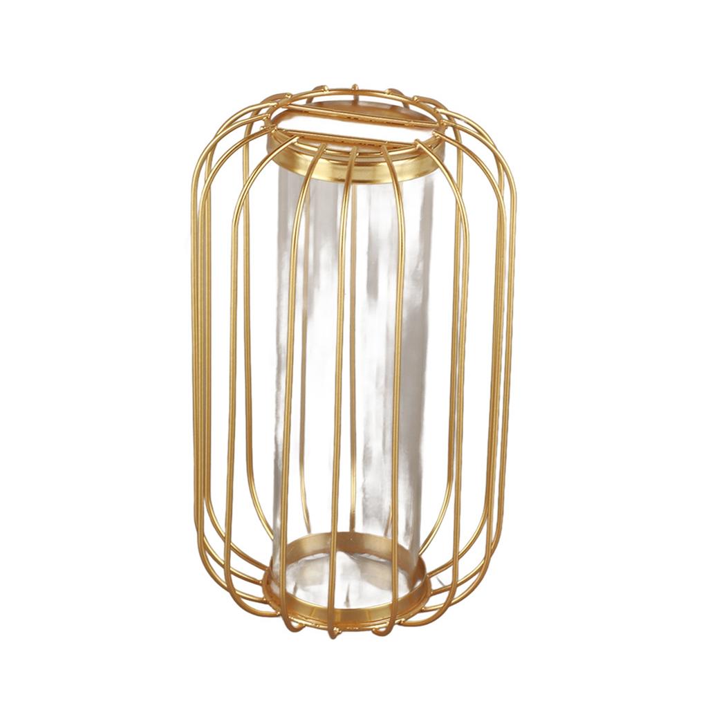 Nordic Lantern Shaped Wrought Iron Vase Glass Iron Tabletop Flower Vase(  Gold)