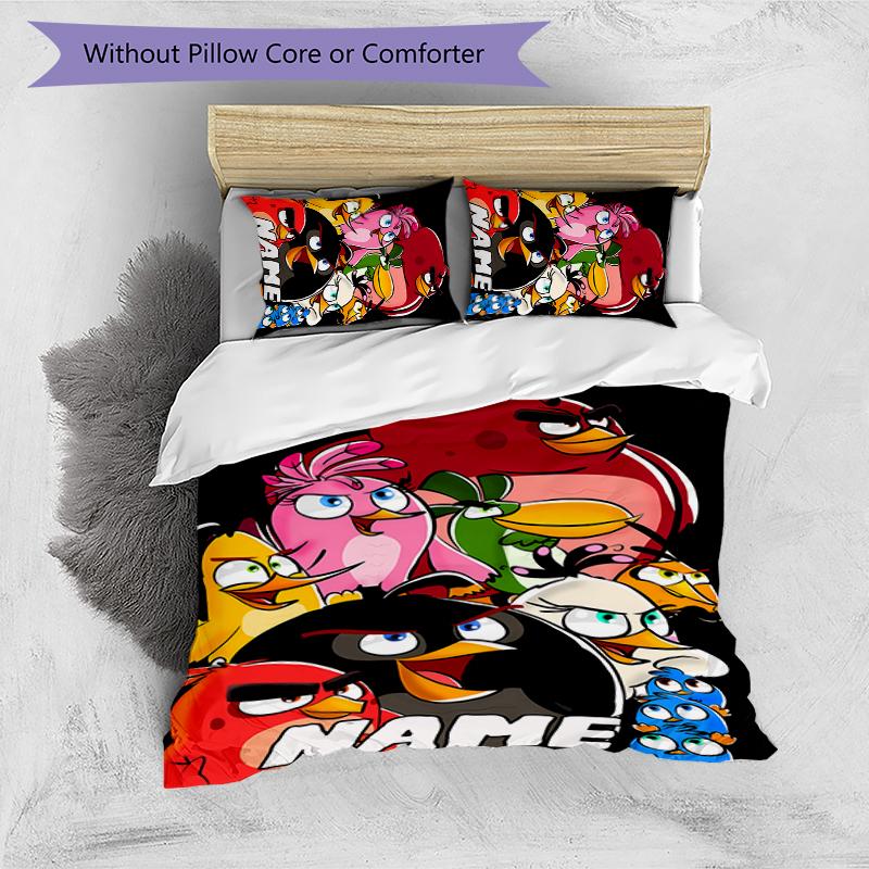 3pcs Custom Name Angry Birds game Bedding Set Duvet Cover Closure Includes 1 Duvet Cover & 2 Pillowcases for All Seasons Bedroom Decor