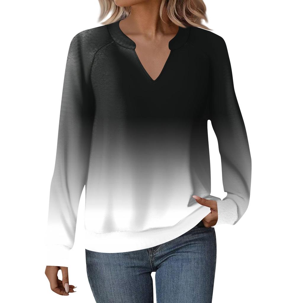 Женская повседневная толстовка с длинным рукавом и V-образным вырезом, свободный пуловер с градиентным принтом