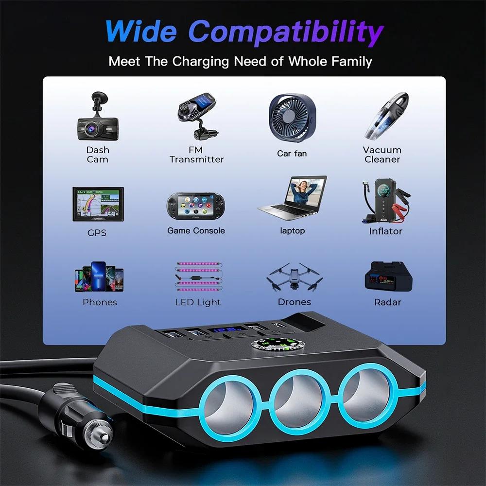 7 In 1 USB PD Socket 120W Car Cigarette Lighter Splitter 12V 24V Fast Charger Plug Phone Power Adapter with Independent Switches