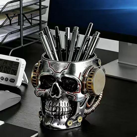 Durable Resin Pencil Holder Skull Pen Holder, Spooky Makeup Brush Industrial Style Cup Multi-functional Desktop Organizer for Home Office, Halloween