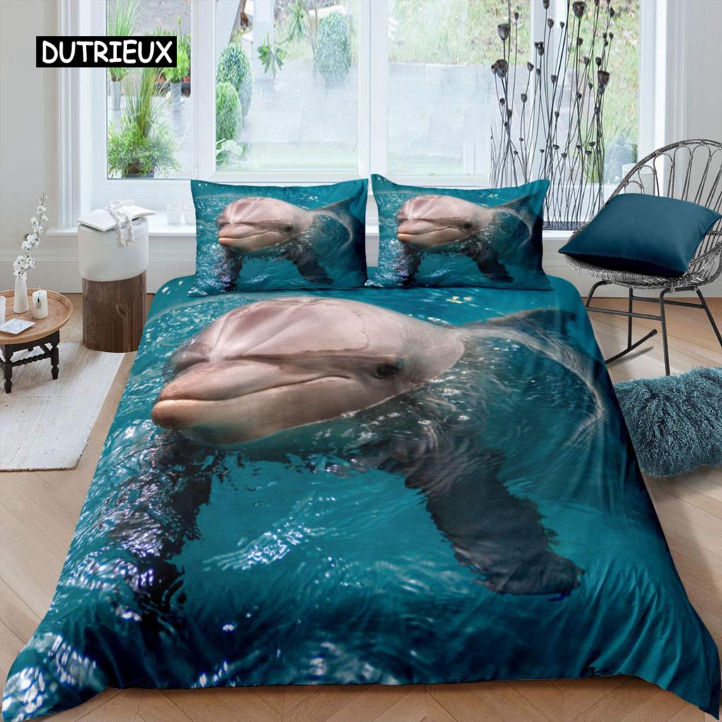 3D дельфин в синем море Queen King Size комплекты постельного белья Animal Single Quilt Duvet Cover Set Детская кровать для взрослых Полиэстеровое постельное белье