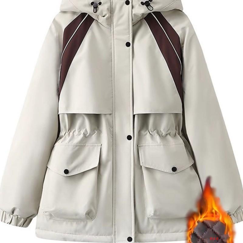 Plus Size Womens Thick Hooded Cotton Puffer Jacket With Color Block Design Waist-Cinching Fit Warm Winter Outerwear