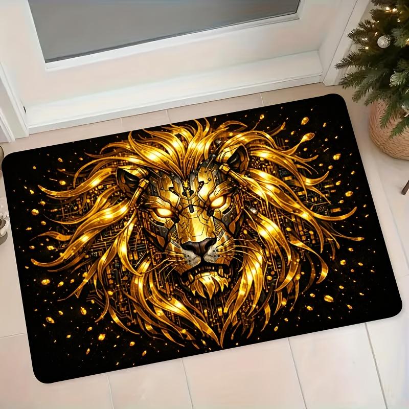 1pc Mechanical Style Golden Lion Flannel Floor Mat, Non-Slip Absorbent Doormat for Entryway, Bathroom, Bedroom, Home Decor Mat