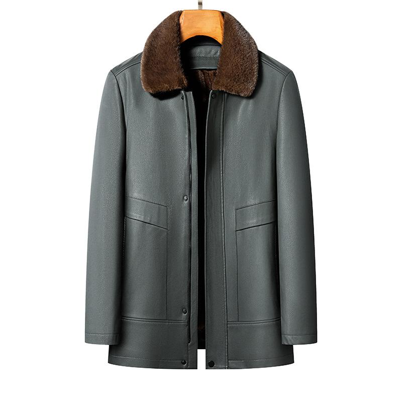 Осень и зима для пожилых людей, кожаная куртка со съемной подкладкой из натуральной кожи, мужская теплая кожаная куртка средней длины с меховым воротником