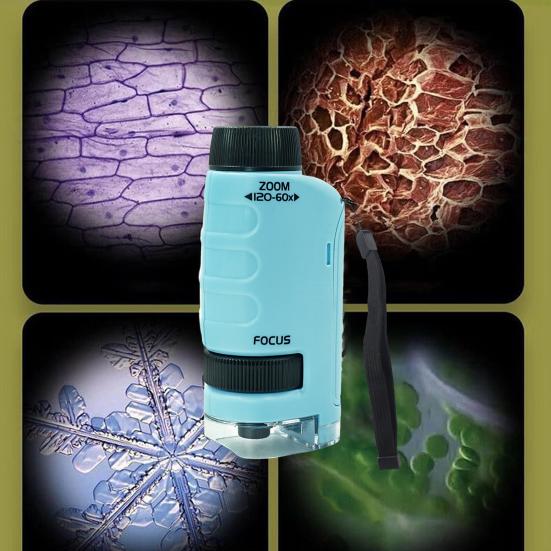 Kids Microscope with 12 Samples 60-120X Magnification Clear Lens Toddlers Portable Mini Handheld