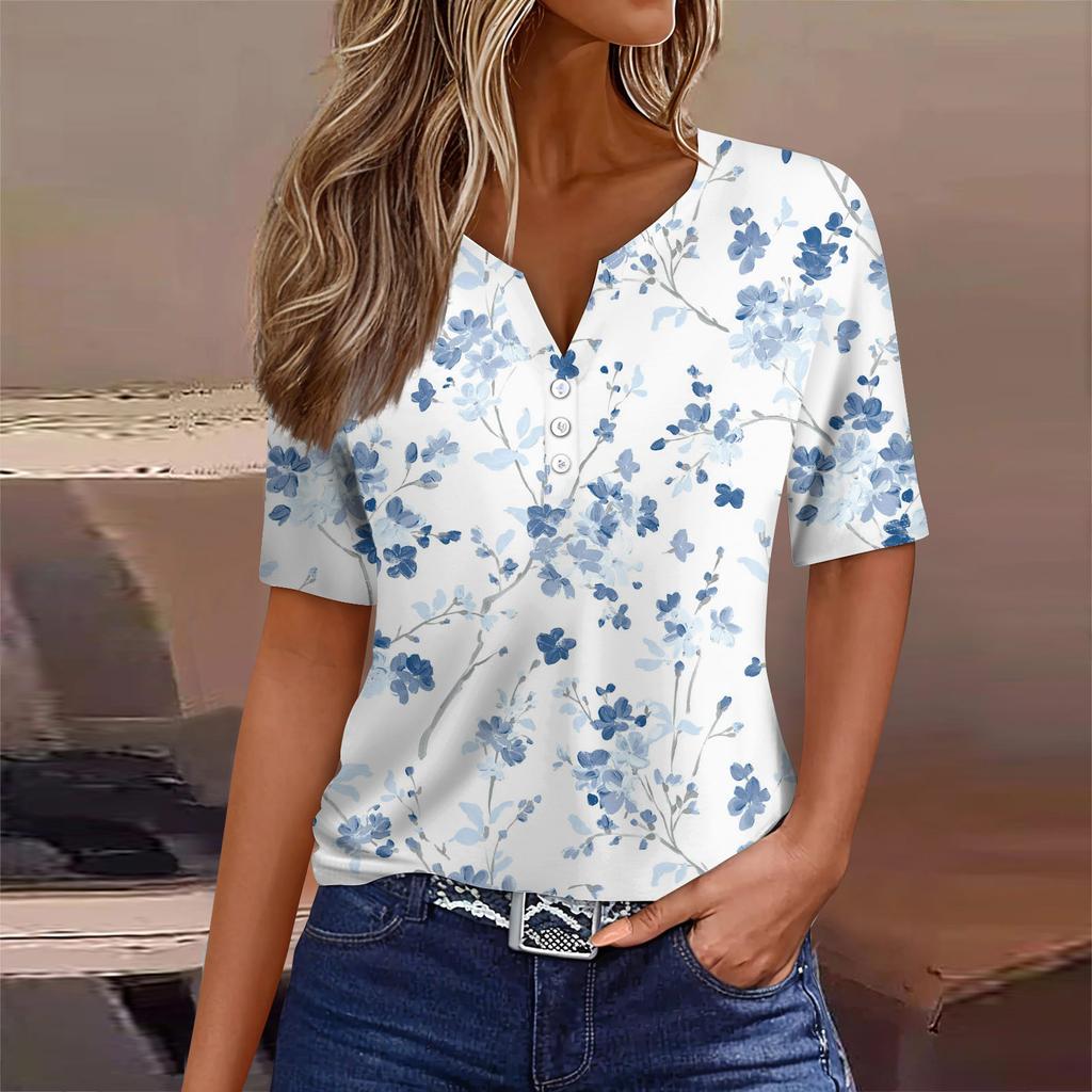Short Sleeve Shirts For Women Cute Flowers Print Graphic Tees Blouses Casual Plus Size Basic Tops Pullover