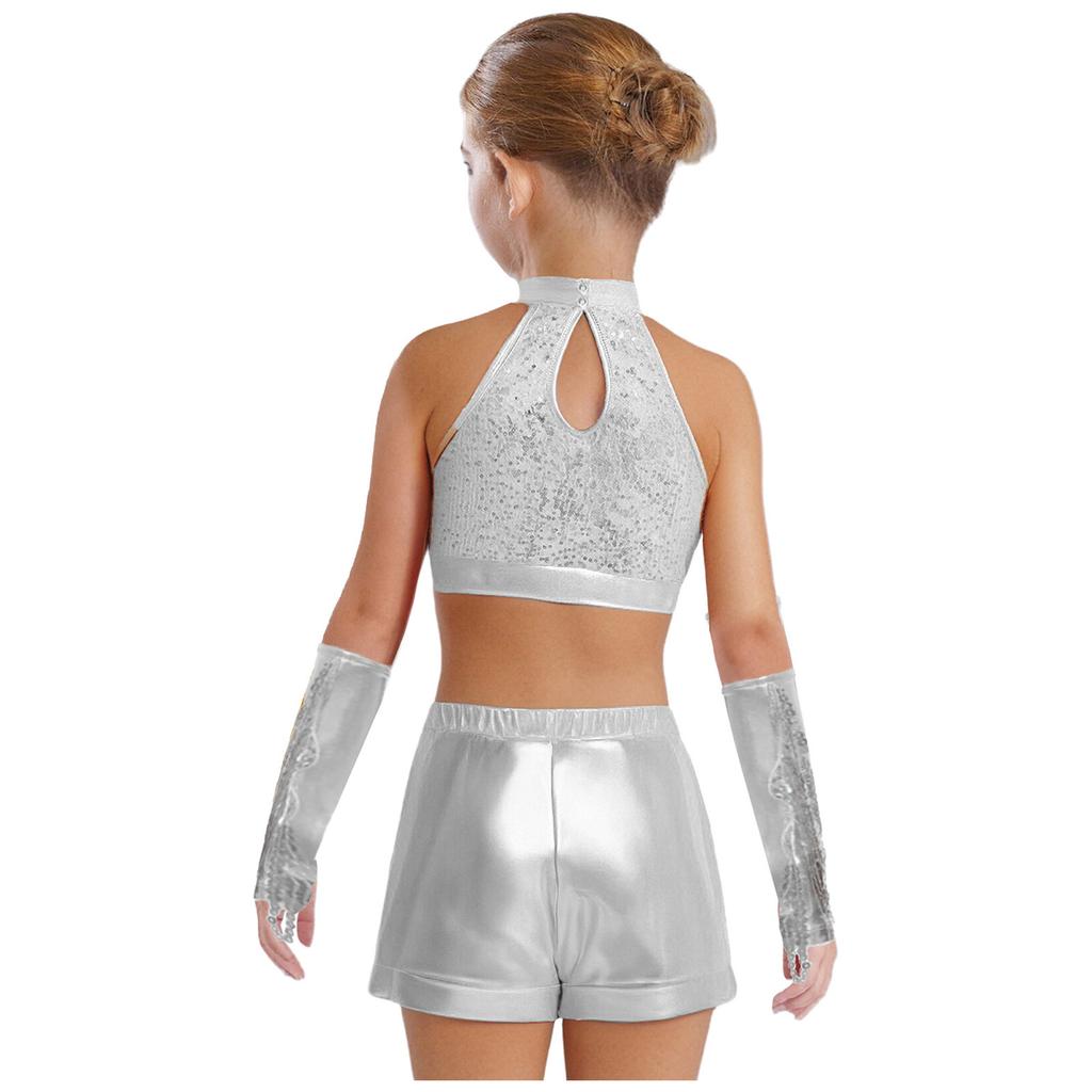Girls Shiny Sequin Crop Top Keyhole Back Sleeveless Shorts Metallic Gloves Tassels Stage Costume