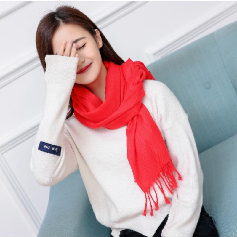 Imitation Cashmere Club Gift Print Lgo Embroidery Solid Color Double-sided Velvet Big Red Scarf Women's Shawl Fashion