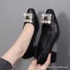 Thick Heel Shallow Mouth Single Shoes Women's 2024 New Spring and Autumn Square Head Rhinestone High Heels Middle Heel Work Shoes Elegant