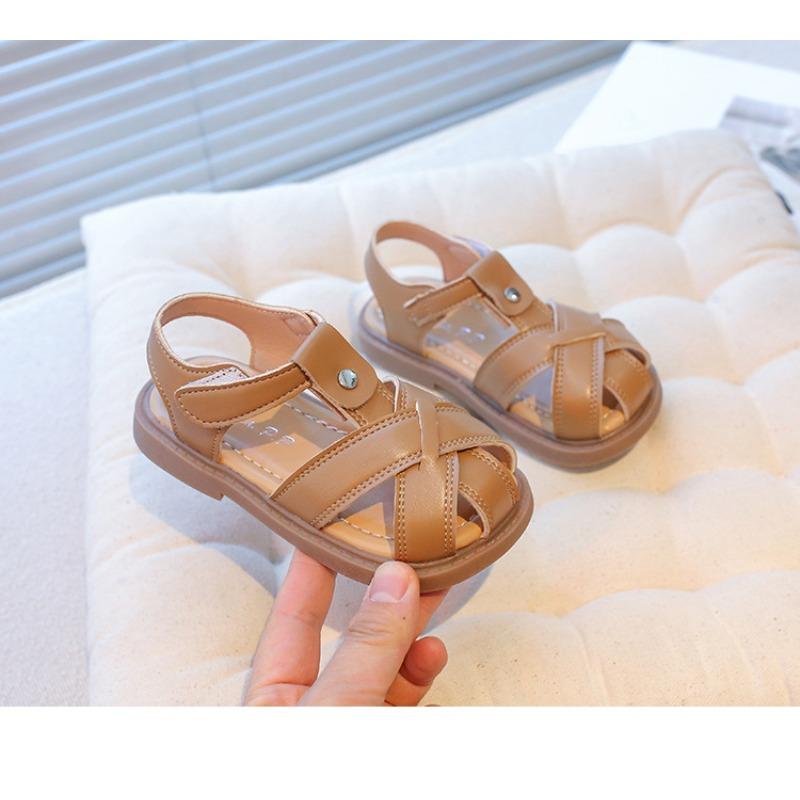 New summer Korean style kids hook-and-loop sandals, closed-toe woven soft sole beach shoes for baby girls