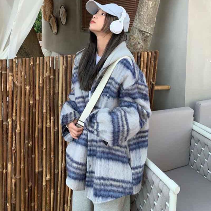 Autumn Artificial Wool Hooded Jacket Women Retro Korean Loose Stripes Casual Tops Harajuku Preppy All-Match Blends Outwear