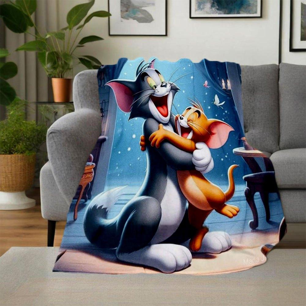 "Tom & Jerry Hug: Classic Cartoon Art Print"Blanket Flannel Throw Blanket for Sofa, Bed, Travel, Camping, Office