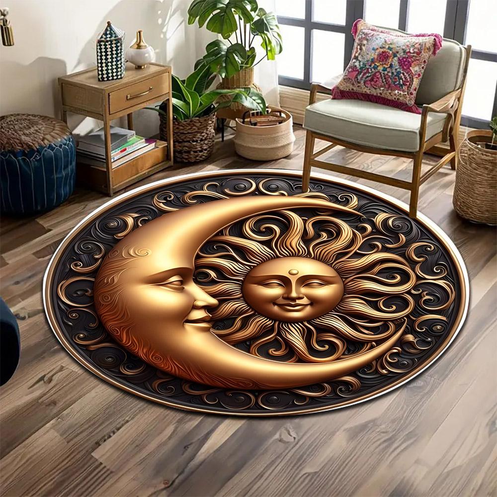 Golden Sun and Crescent Moon Design Print round rug, living room, bedroom, playroom carpet, non slip floor mat, gift