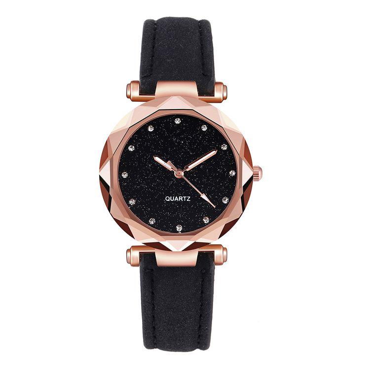 Trendy Unisex Rose Gold Korean Rhinestone Leather Strap Wristwatch Watch Fashion Ladies Quartz Female