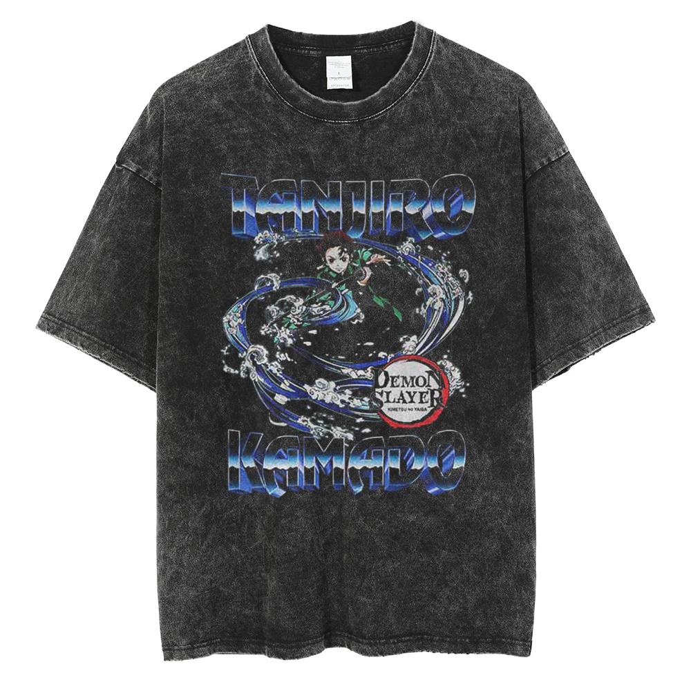 Hot Anime Demon Slayer Kokushibo Graphic Print Washed T Shirt Men Vintage Cotton Tshirts Manga Casual Tee Harajuku Male T-shirt