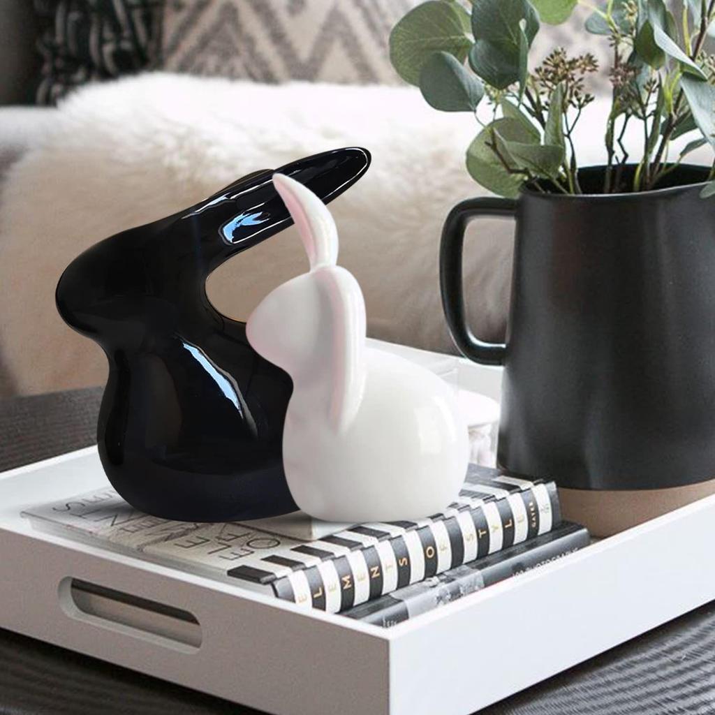 Home Décor Ceramic Rabbit Figurines (Set of 2, Black and White)