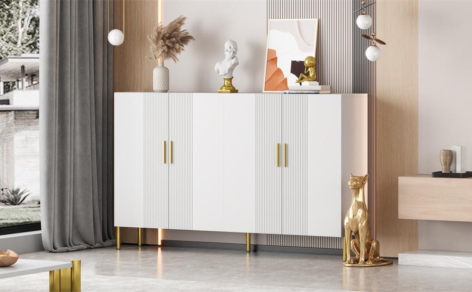 Modern Simple White Matte Multifunctional Storage Cabinet 4 Open and Closed Doors Dining Room Cabinet Gold Decoration 160*35*100cm