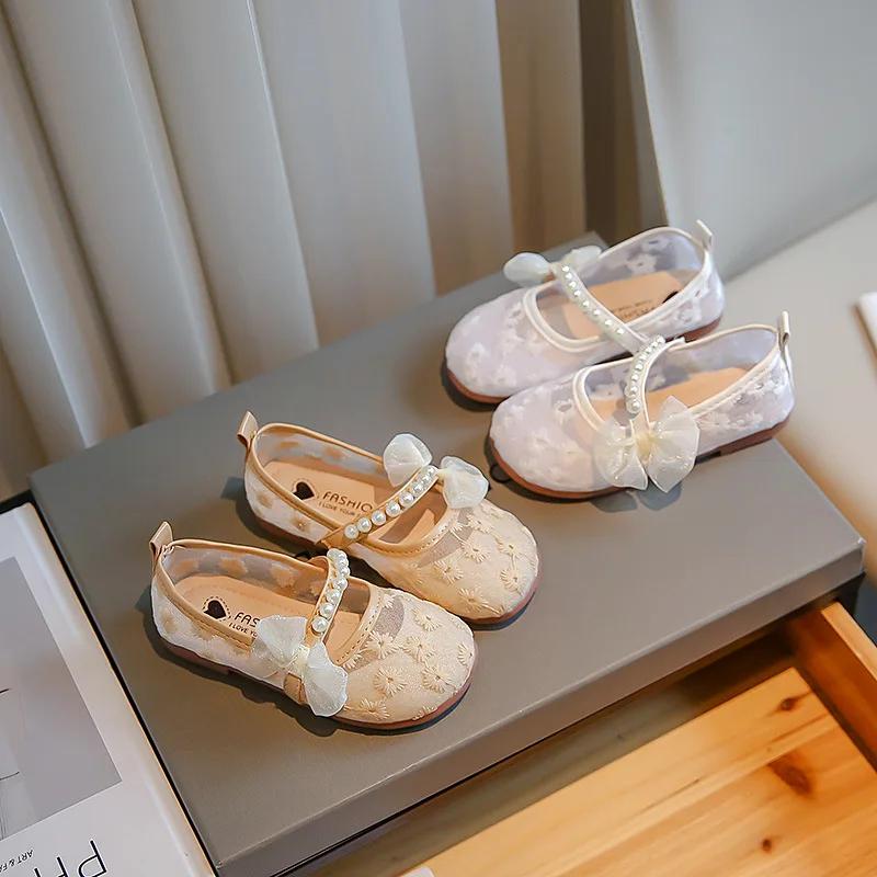 Повседневные балетки для девочек со сладким узлом 2024 Лето Новые Детские Мокасины Корейские Сетчатые Цветочные Жемчужные Туфли Принцессы для Вечеринки Свадьбы