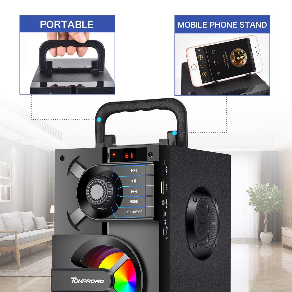 TOPROAD Bluetooth-динамик, портативный беспроводной стереобасовый динамик, сабвуфер, поддержка колонки, FM-радио, RGB-подсветка, пульт дистанционного управления