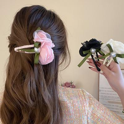 Ранневесенняя жемчужная заколка-бант из сетки с цветком, женская, свежая и милая, универсальная BB-заколка, атмосферная боковая заколка, аксессуары для волос