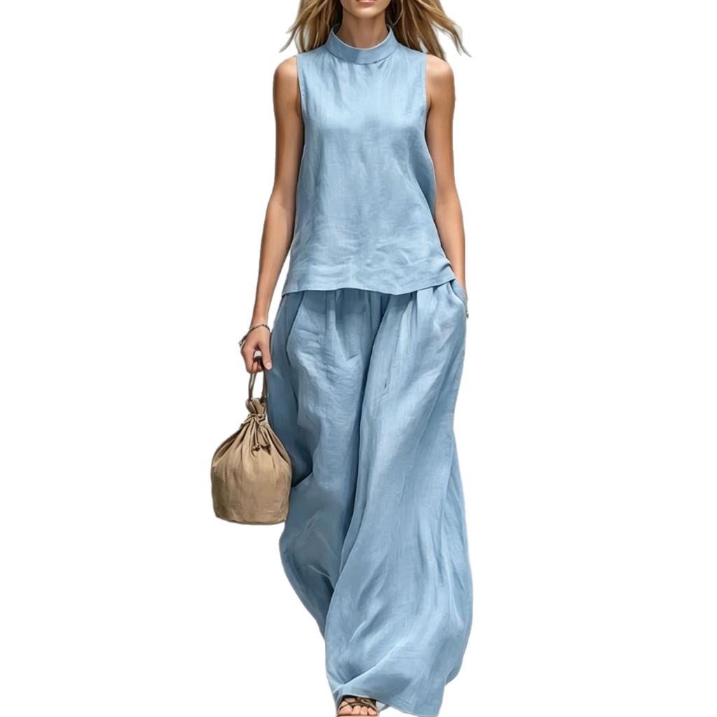 Cross-border 2026 Amazon Independent Station European and American women's stand-up collar cotton and linen solid color sleeveless top and pants