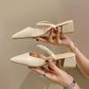 Korean Version of Fashion Bag Head Thick Heel Pointed Low Heel Shoes 2025 Summer New Pearl Word with Flat Bottom Cool Slippers Women