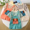 Комплект из 2 предметов для мальчиков из хлопка - Полосатый топ с коротким рукавом и круглым вырезом + Комбинезон с мультяшным псом - Высококачественная детская одежда -S-XXL