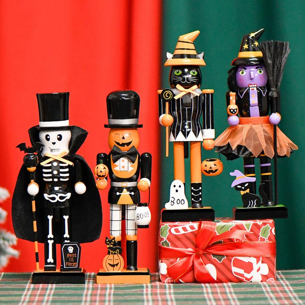 Halloween Nutcracker Party Wooden Skeleton Pumpkin Witch Black Cat Nutcracker Figures Decor for Holiday Tables Desktop Fireplace