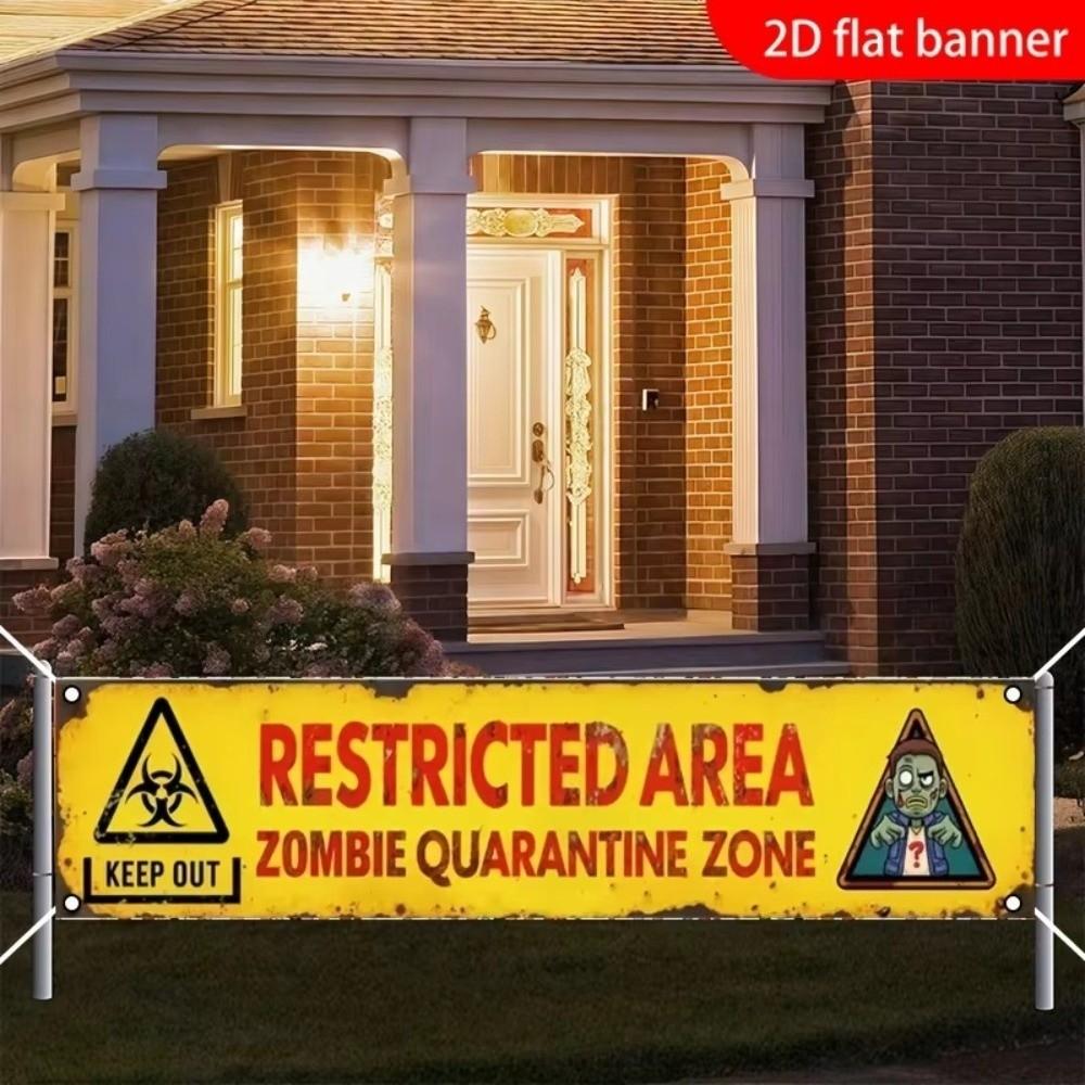 Zombie Themed Halloween Warning Sign Hanging Haunted House Decor For Outdoor Party