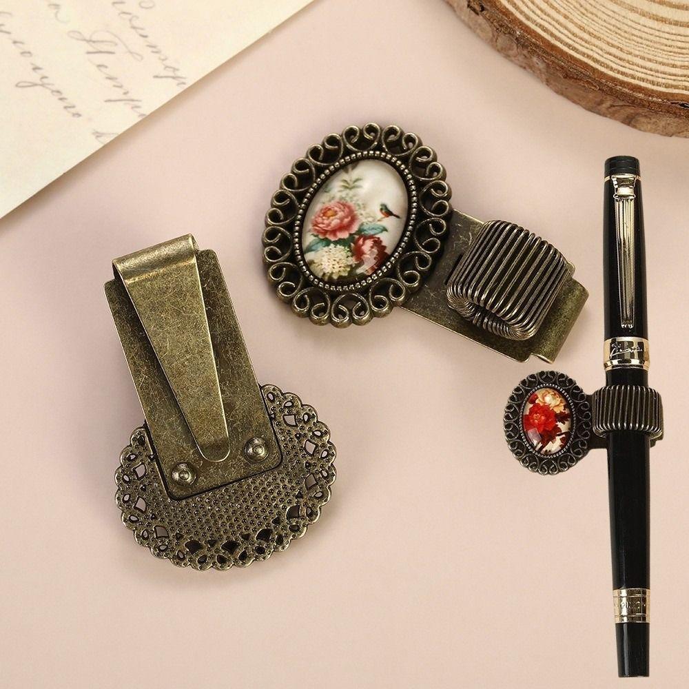 Multi-functional Pen Loop Holder Metal Vintage Floral Pen Clip Pencil Holder Student Stationery