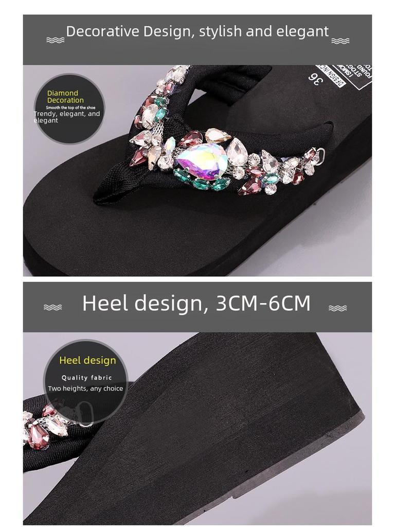 Women's Summer Platform Rhinestone Beach Slippers: Stylish, Soft-Soled High-Heeled Flip-Flops for a Fashionable Holiday.