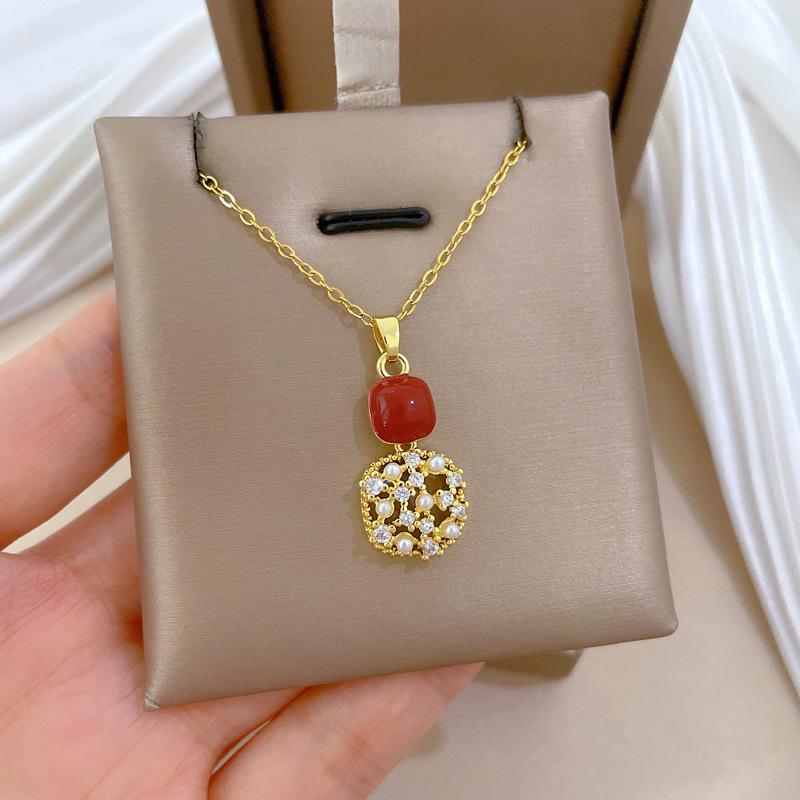 Geometric Vintage Red Enamel Zircon Square Necklace Stud Earrings for Women Y2K Stainless Steel Chain Jewelry Set Gifts