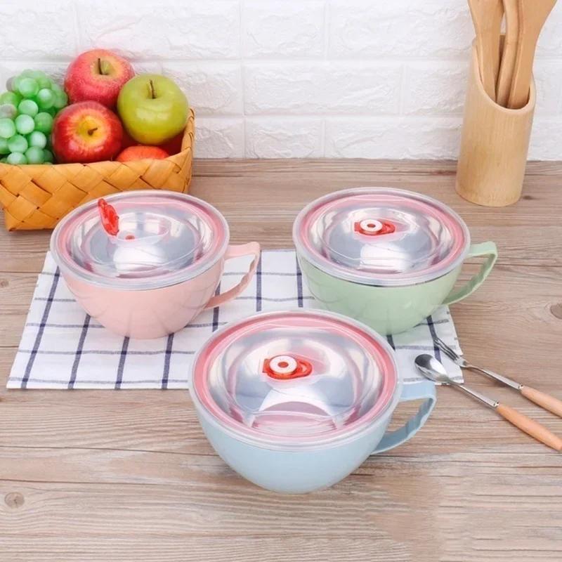1PC Insulated Double Wall Stainless Steel Lunch Bowl With Cover Microwavable Soup Noodle Container Office Daily Tableware