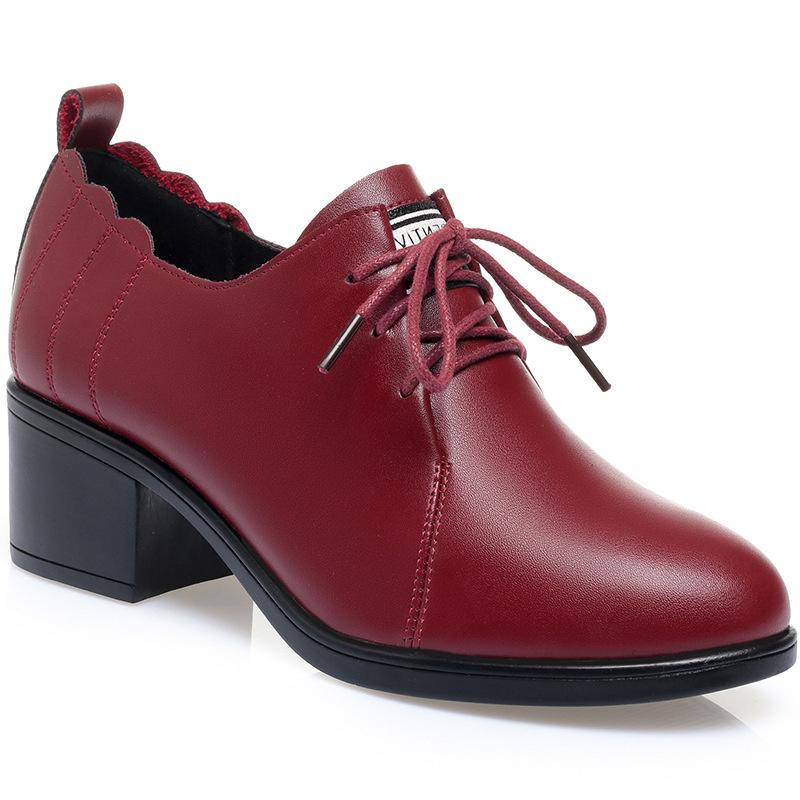 Весна Осень Глубокий вырез Новая Мода Повседневная Женская Однотонная Обувь Шнуровка Круглый Носок Массивный Каблук Мягкая Кожа Мягкая Подошва Обувь