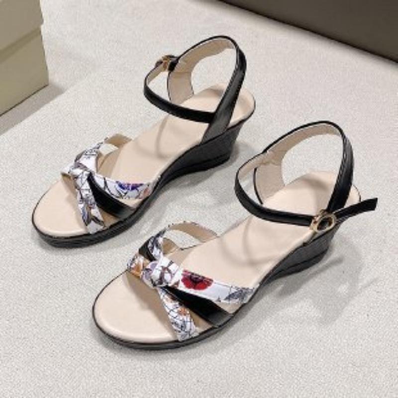 Сандалии летние новые женские сандалии женские на танкетке высоком каблуке с принтом с открытым носком с ремешком на щиколотке