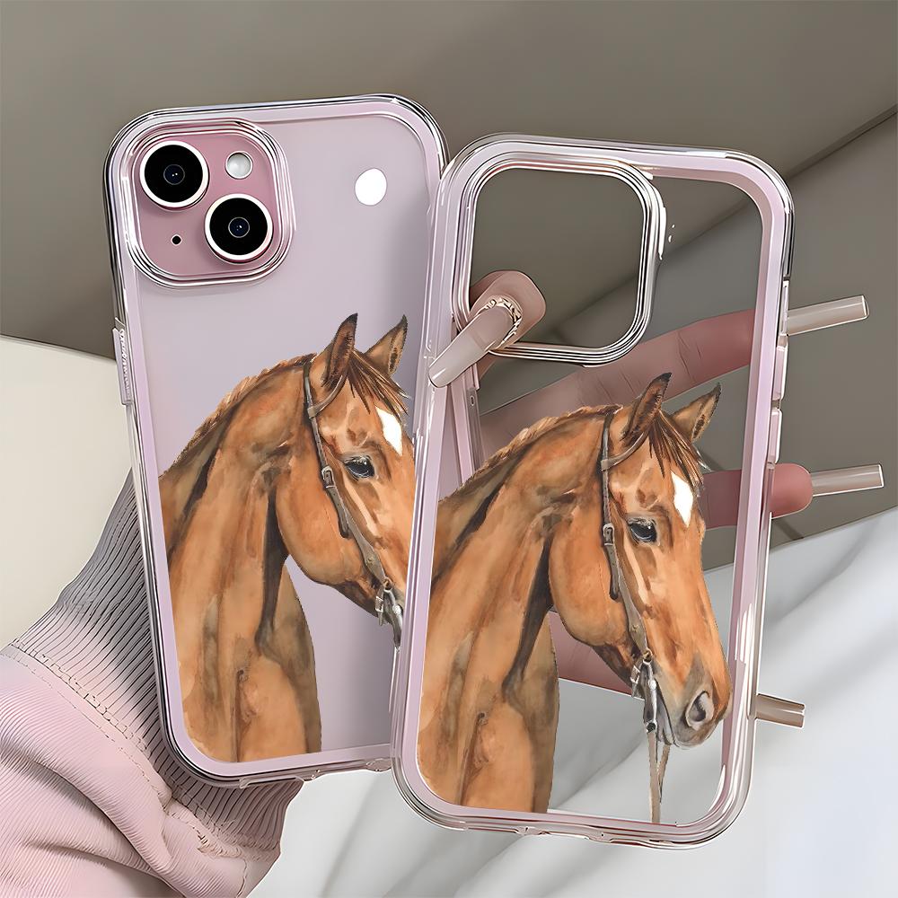 Ретро акварельный узор с лошадьми Прозрачный чехол для телефона для iPhone 17Air 16 15 14 13 12 11 Pro Max 14 Plus 2 в 1 Конфетный цвет Мягкая обложка