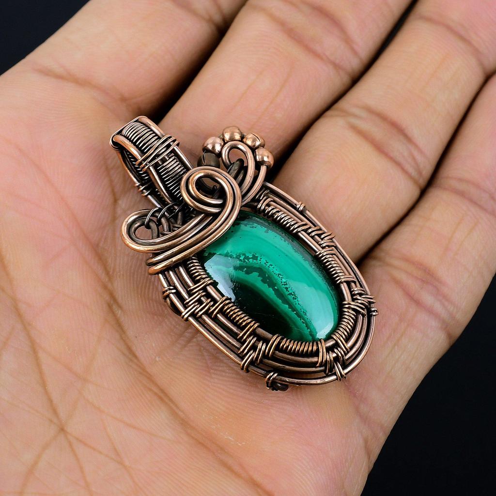 Malachite Pendant, 999 Copper Wire Wrapped Pendant Jewelry. Gift For Women Handmade Pendant Gemstone Jewelry
