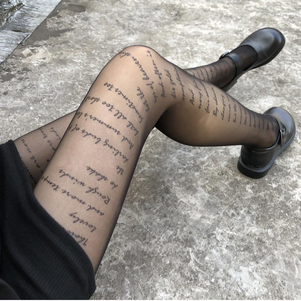 Женские чулки с принтом, вечерние готические колготки с надписями, нейлоновые тонкие колготки с татуировкой, офисное сексуальное женское белье в стиле Лолиты