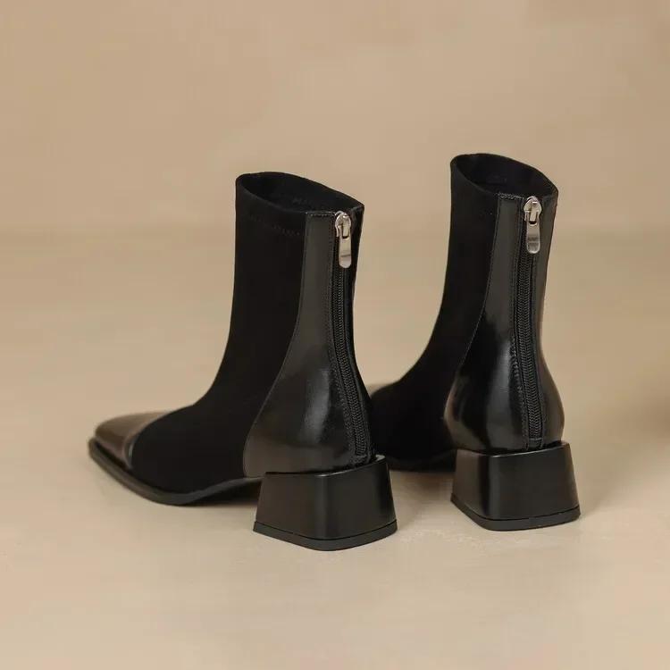 Модные женские туфли с квадратным носком и толстым каблуком, короткие сапоги, новые осенне-зимние лаконичные эластичные узкие туфли на высоком каблуке Zapatos De Mujer