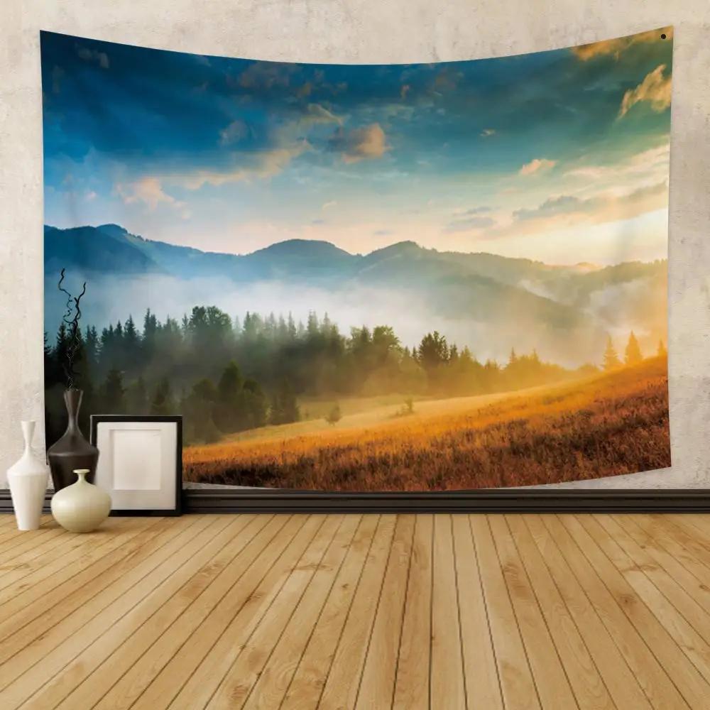 VIKAMA Misty Forest Tapestry Gradient Blue Pine Forest Nordic Minimalist Style Living Room Room Decoration
