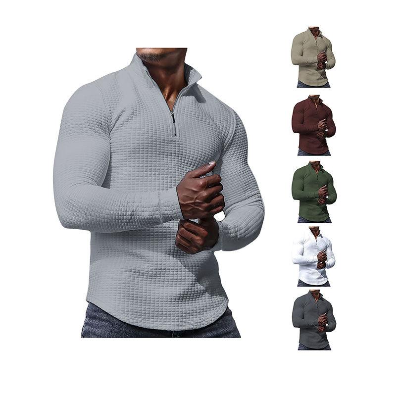 Men's Jacquard Sweatshirt Quarter Zip Stand Collar Long Sleeve Textured Pullover Casual Spring Fall Top